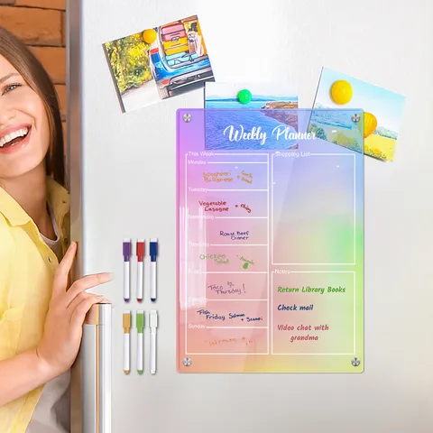 Colorful Acrylic Weekly Planner Memo Board Magnetic Refrigerator Calendar Board with Erasable Whiteboard Pens