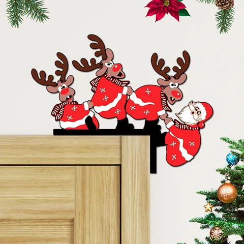 Wooden Christmas Door Corner Decor Santa Claus Reindeer Wall Sticker Festive Home Decoration Holiday Party Supply