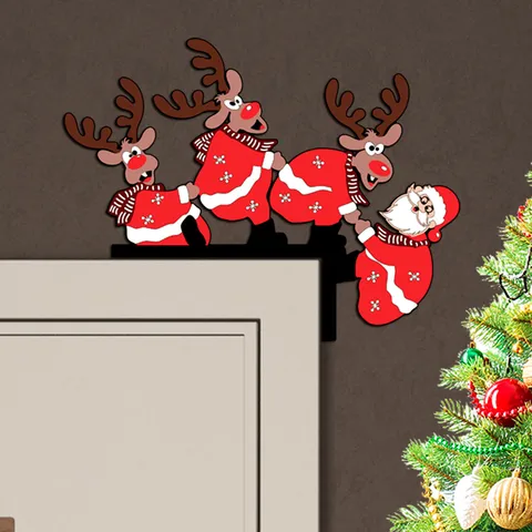 Wooden Christmas Door Corner Decor Santa Claus Reindeer Wall Sticker Festive Home Decoration Holiday Party Supply