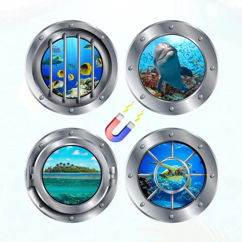 Marine Animal Porthole Wall Sticker 3D Simulated Window PVC Magnetic Refrigerator Sticker Home Decor 4-Piece Set
