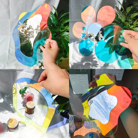 Sticker Mural Miroir en Acrylique Iridescent Double Couche Forme Irrégulière Décoration Intérieure Salon Chambre Adhésif