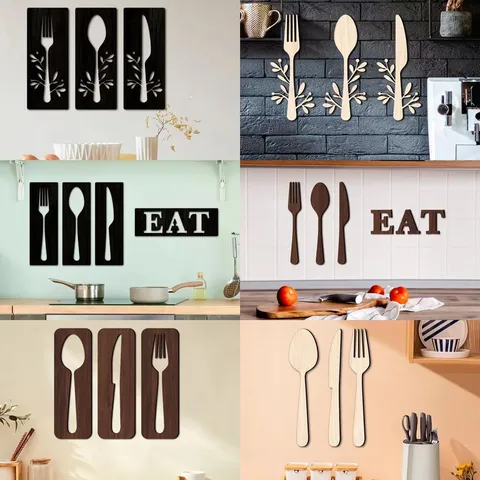 Arte de Pared de Cubiertos de Madera Decoración Cocina Letrero Colgante 3D Cubiertos Tenedor Cuchara Cuchillo Decoración para Comedor