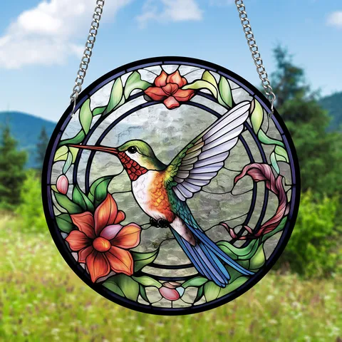 Acrylic Stained Glass Sun Catcher Window Hanging Pendant Bird Floral Design Home Decor With Chain And Hook