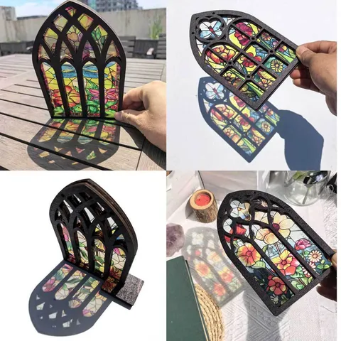 Gothic Arch Window Stained Glass Style Wooden Ornament Transparent Hanging Sign Desktop Display Stand