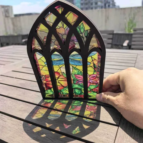 Gothic Arch Window Stained Glass Style Wooden Ornament Transparent Hanging Sign Desktop Display Stand