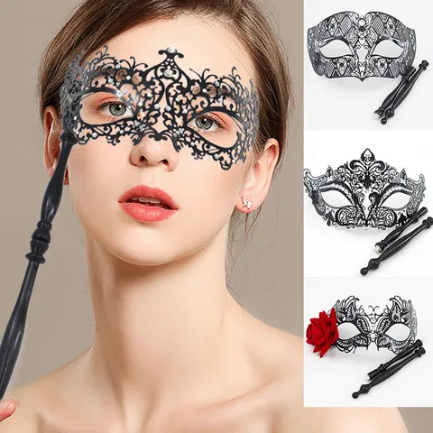 Máscara de Mascarada de Metal con Strass Hueco Veneciano Mango de Mano Máscara de Ojos para Halloween Carnaval Fiesta Mujer