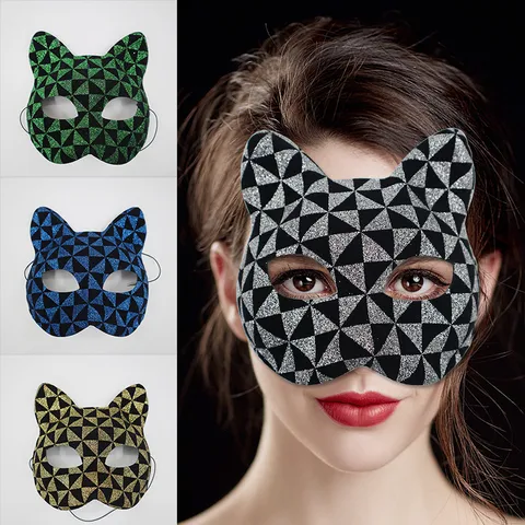 Masque Demi Visage Chat Pailleté Géométrique Sexy Pour Mascarade Halloween Fête Bal Carnaval Accessoires de Cosplay
