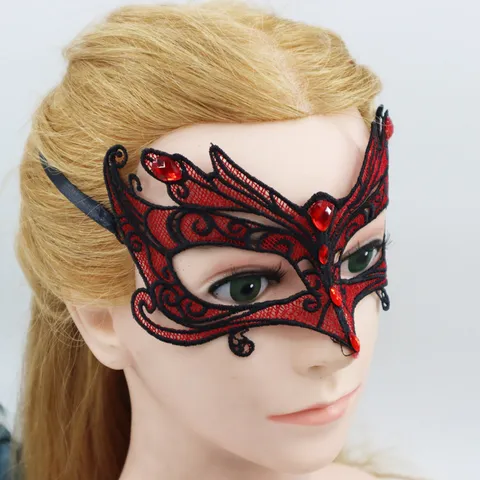 Máscara de Encaje de Loro con Diamantes de Imitación de Poliéster Elegante Antifaz de Bloques de Color Negro Rojo para Disfraces de Fiesta de Carnaval de Mascarada