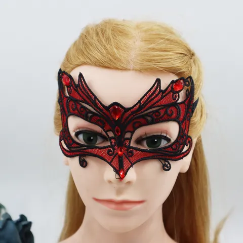 Máscara de Encaje de Loro con Diamantes de Imitación de Poliéster Elegante Antifaz de Bloques de Color Negro Rojo para Disfraces de Fiesta de Carnaval de Mascarada