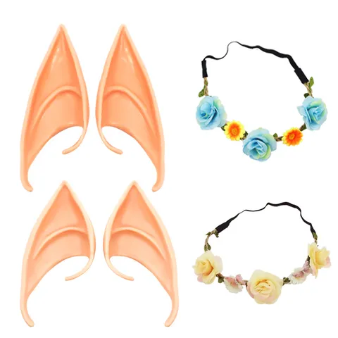 Latex Elfenohren Blumen Stirnband Set Fee Engel Cosplay Zubehör Vampir Pixie Spitze Ohren Für Halloween Karneval Party Outfit Dekoration
