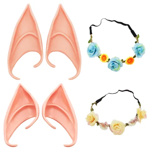 Latex Elfenohren Blumen Stirnband Set Fee Engel Cosplay Zubehör Vampir Pixie Spitze Ohren Für Halloween Karneval Party Outfit Dekoration
