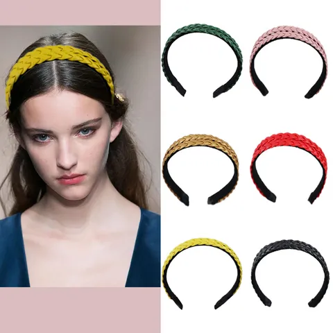 Zoete Gevlochten Leren Haarbanden Voor Dames Fris Eenvoudig Geruit Twist Patroon Mode Antislip Effen Kleur Haarbanden Haaraccessoires