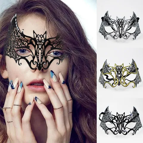 Gothic Metal Rhinestone Masquerade Mask Painted Hollow Out Bat Face Mask For Halloween Carnival Costume Party Women