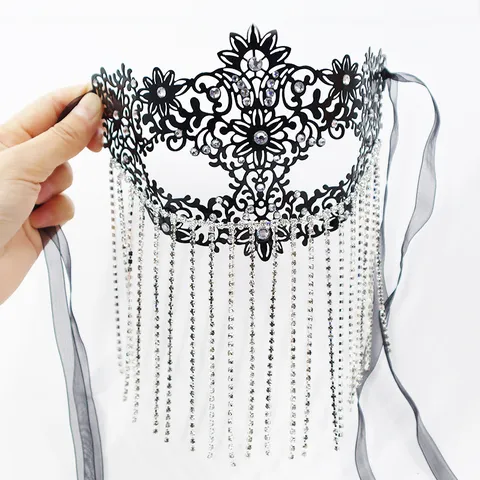 Sexy Mysterious Metal Hollow Ironwork Mask With Long Rhinestone Tassel Chain Shiny Crystal Masquerade Carnival Party Princess Ribbon Face Mask For Women