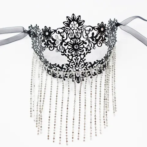 Sexy Mysterious Metal Hollow Ironwork Mask With Long Rhinestone Tassel Chain Shiny Crystal Masquerade Carnival Party Princess Ribbon Face Mask For Women