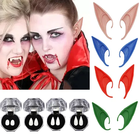 Halloween Orejas de Elfo Colmillos de Vampiro Prótesis Cosplay Silicona Suave Pixie Goblin Orejas Vampiro Dentaduras Postizas Terror Disfraz Accesorios Festiva Fiesta Suministros