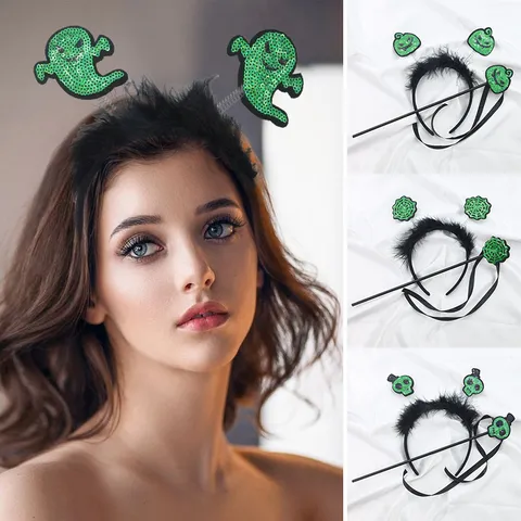 Juego de Diadema Negra de Halloween Con Varita Lentejuelas Brillantes Calabaza Calavera Telaraña Banda para Cabello Plumas Suaves Varita para Fiesta de Cumpleaños Actuación Accesorio Unisex