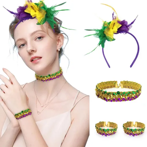 Mardi Gras Masquerade Feest Kostuum Rekwisieten Set Veermasker Pailletten Choker Armband Rok Accessoires Voor Carnaval