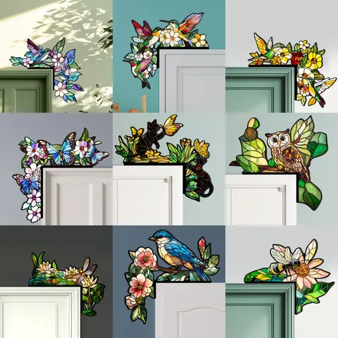 Adesivo per Angolo Porta in Legno Stile Vetro Colorato Colibrì Floreale Adesivo Decorativo per la Casa