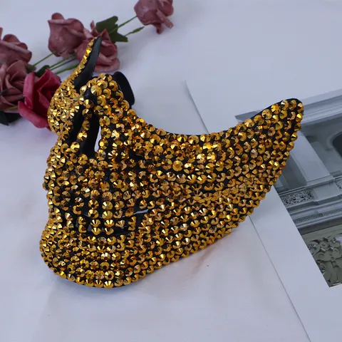 Punk Rhinestone Skull Half Face Mask Day Of The Dead Halloween Masquerade Party Costume Props Luxury Plastic Skeleton Mask For Cosplay