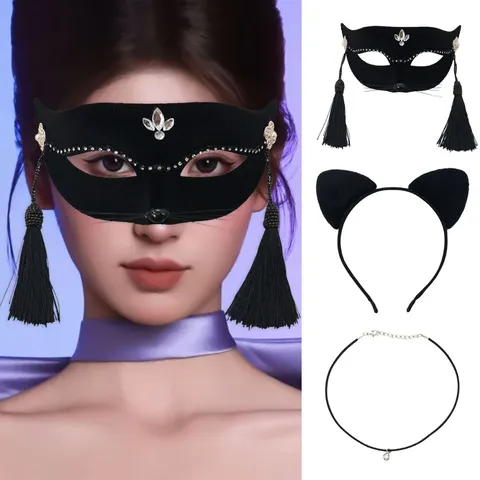 Halloween Sexy Cat Face Mask Set Rhinestone Tassel Chain Half Face Mask With Cat Ear Headband Bell Choker Party Mask Accessory