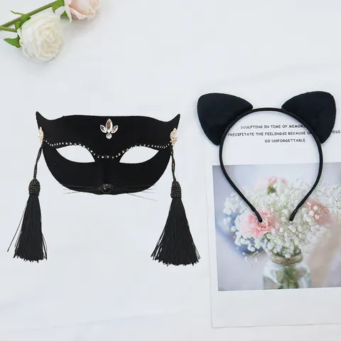 Halloween Sexy Cat Face Mask Set Rhinestone Tassel Chain Half Face Mask With Cat Ear Headband Bell Choker Party Mask Accessory