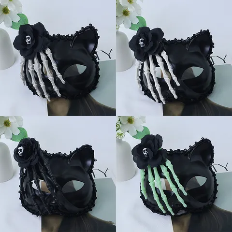Halloween Half Face Cat Mask With Black Rose Skull Plastic Costume Mask Skeleton Hand Decoration For Masquerade Cosplay Party