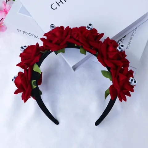 Gothic Halloween Skull Rose Headband Veil Artificial Flower Headpiece Cosplay Scary Hair Band Party Costume Accessories