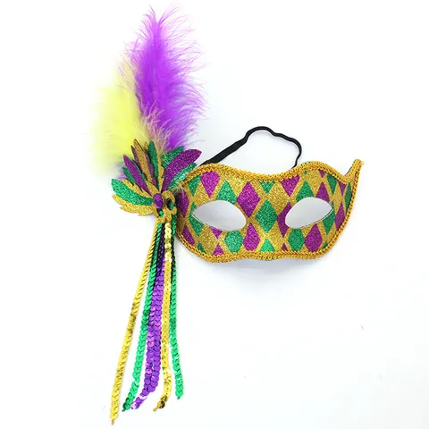 Maschera in Maschera di Carnevale per Uomo Donna Maschera in Costume da Festa di Carnevale Maschera Glitterata Viola Oro Verde Con Nappine in Piume Rimovibili