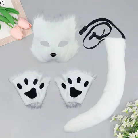Halloween Pluche Dier Kostuum Set Nepbont Masker Poot Handschoenen Staart Rekwisiet Voor Cosplay Masquerade Carnaval Party Unisex Kostuum Accessoires