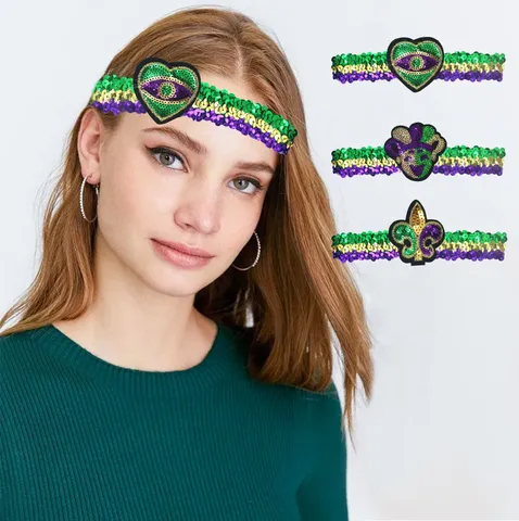 Mardi Gras Pailletten Stirnband Lila Gold Grün Karneval Pailletten Kopfschmuck Party Stirnband Kostüm Zubehör Für Festival Parade Damen Herren