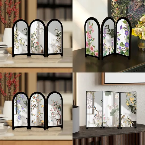 Mini Desktop Acrylic Mirror Screen Tabletop Ornament Traditional Chinese Floral Art French Style Decorative Folding Screen