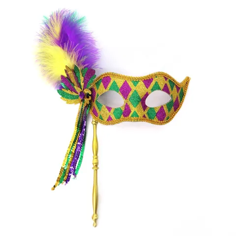 Carnaval Maskerade Masker Handheld Veer Kwast Glitter Half Gelaatsmasker Voor Vrouwen Mannen Kostuum Feest Goud Paars Groen