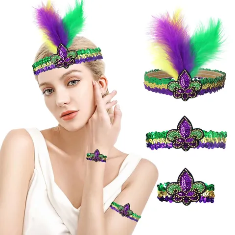 Mardi Gras Pailletten Veer Hoofdband Armband Set Paars Groen Goud Carnaval Maskerade Feest Accessoires Franse Lelie Masker Kostuum Decor