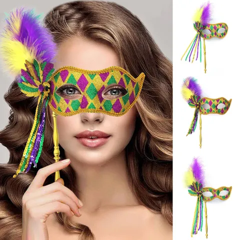 Carnaval Maskerade Masker Handheld Veer Kwast Glitter Half Gelaatsmasker Voor Vrouwen Mannen Kostuum Feest Goud Paars Groen
