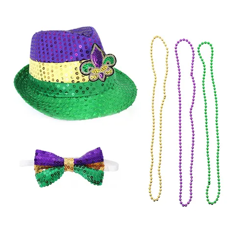 Mardi Gras Carnaval Party Kostuum Lovertjes Jazz Hoed Vlinderdas Masker Kralenketting Kaap Verkleedfeest Accessoire