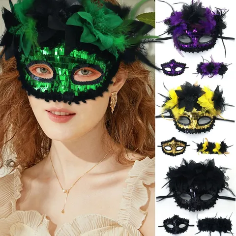 Venetiaans Halfgelaatsmasker Met Lelie Veer Pailletten Elegant Carnaval Feest Decoratie Kostuum Accessoire Voor Volwassenen