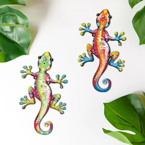 Arte da Parete in Metallo Geco Colibrì Decorazione per Recinzione da Giardino all'Aperto Ornamento Appeso Colorato
