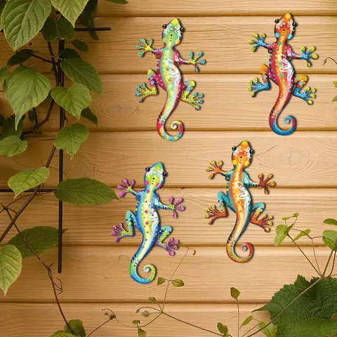 Arte da Parete in Metallo Geco Colibrì Decorazione per Recinzione da Giardino all'Aperto Ornamento Appeso Colorato