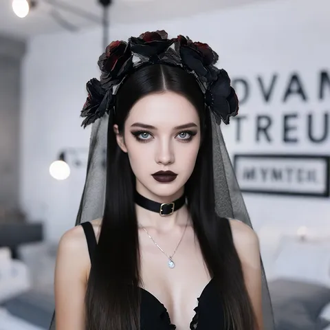 Diadema Gótica Oscura de Halloween Con Calavera y Malla de Rosa Velo Negro Rosa Corona Floral para Baile de Máscaras Cosplay Fiesta Tocado