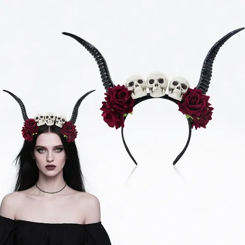 Diadema Gótica Steampunk de Cuernos de Diablo y Rosas Rojas Calavera Accesorio de Pelo para Halloween Cosplay Fiesta de Disfraces