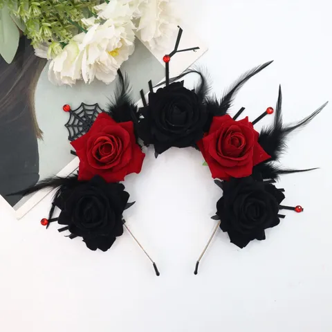 Cerchietto per Capelli di Halloween con Rose Teschi e Piume Accessorio per Costume Gotico per Carnevale e Giorno dei Morti