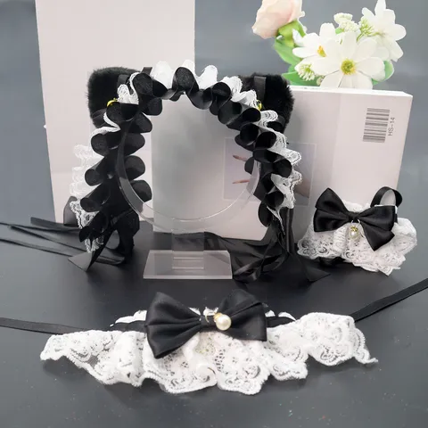 Lolita Gothic Kattenoor Hoofdband Kant Ruches Strik Bel Hoofddeksel Met Kunstmatige Parels Lint Polsbandjes Cosplay Haaraccessoires Set