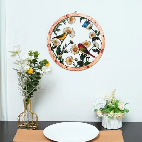 Wooden And Metal Wall Art Hanging Decor Pastoral Floral And Bird Round Wall Sculpture For Living Room Bedroom Home Decor