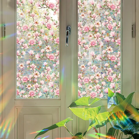 Film pour Fenêtre Arc-en-ciel Irisé Autocollant de Confidentialité en Vitrail Décoratif Statique Plante Florale Décalcomanie en Verre