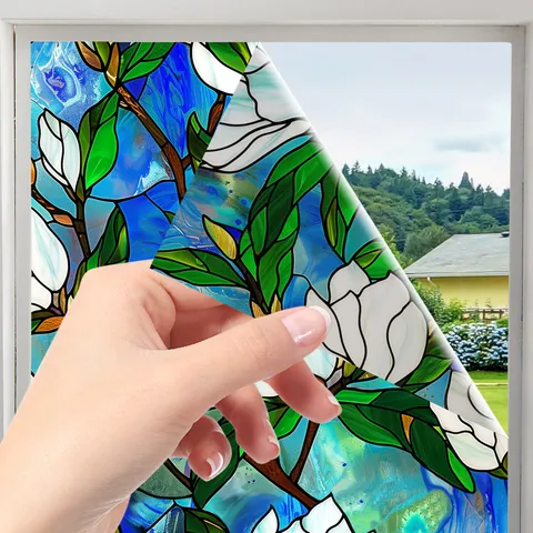 Stained Glass Window Film Floral Botanical Sun Protection Static Cling Window Sticker For Living Room Bathroom Home Decor