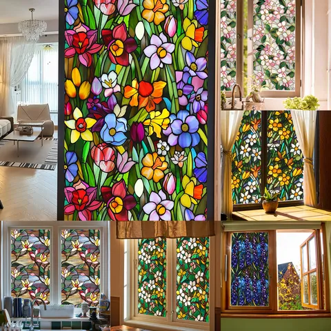 Película para Ventana Adhesivo Estático Vidriera Patrón Floral Adhesivo Decorativo Colorido de Privacidad para Hogar Sala de Estar Dormitorio