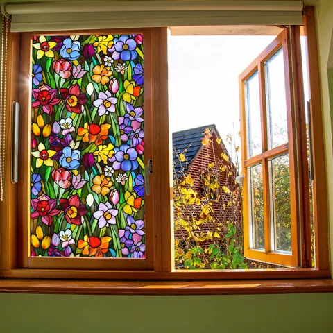 Película para Ventana Adhesivo Estático Vidriera Patrón Floral Adhesivo Decorativo Colorido de Privacidad para Hogar Sala de Estar Dormitorio