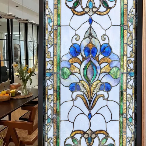 Victorian Style Stained Glass Window Film Glue-Free Electrostatic Decorative Glass Sticker Floral Window Decal For Home Decor