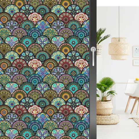 Kleurrijke Retro Mandala Raamfolie Statisch Hechtend Zonder Lijm Gematteerde Privacy Glassticker Voor Thuis Woonkamer Badkamer